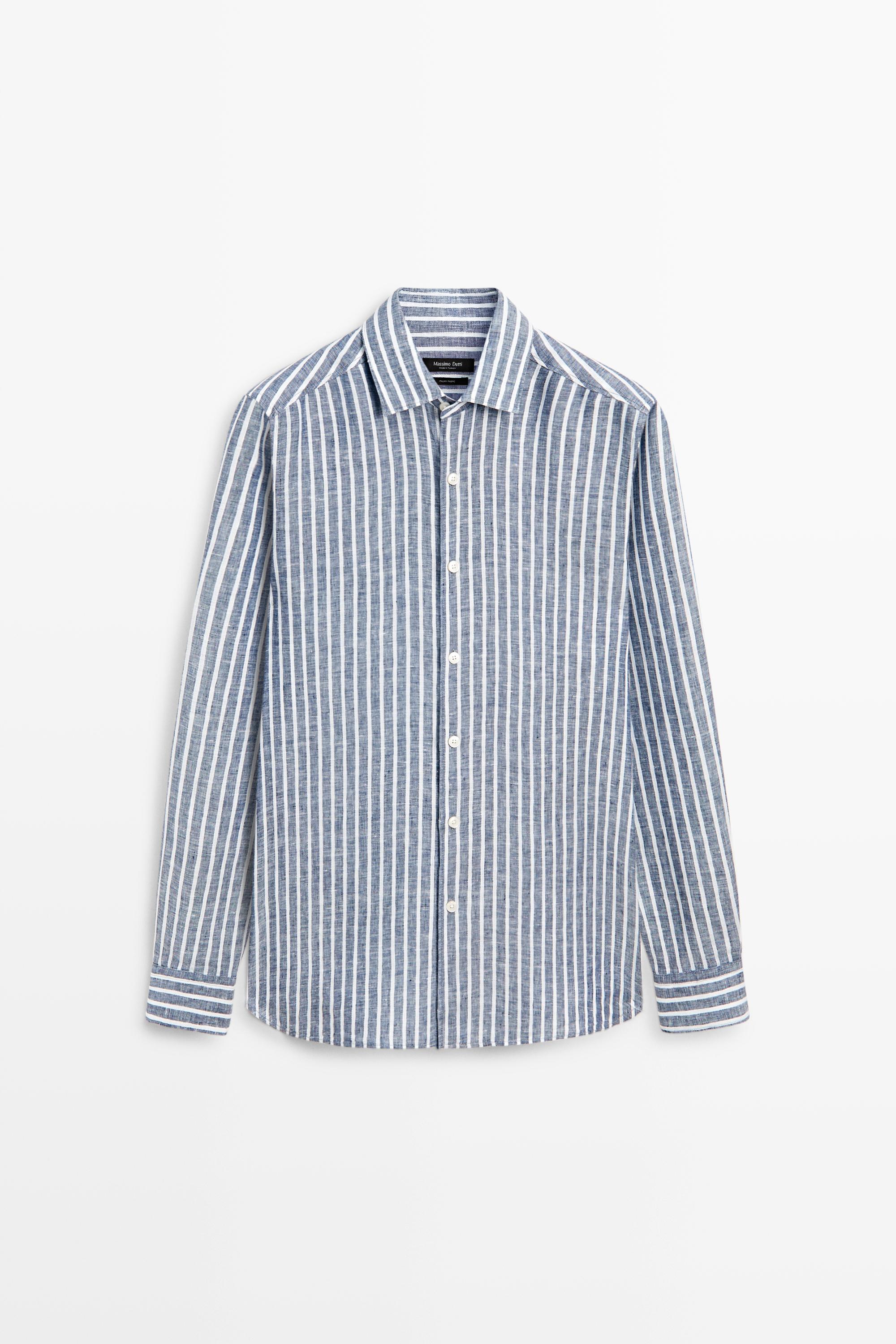 Regular fit striped 100% linen shirt
